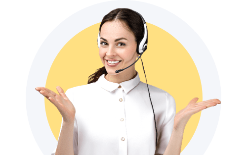 Smiling woman in a headset open to solve your issue.